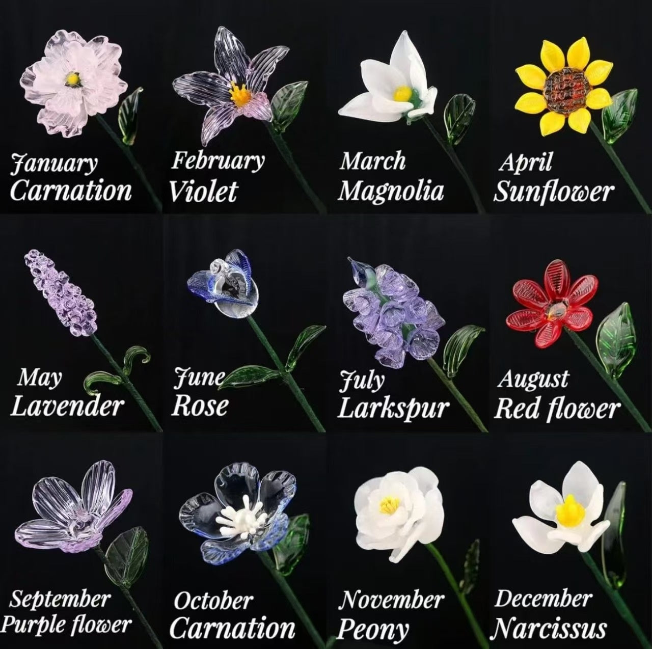 Glass Birth Flower Sculpture with Iron Wire Stem – Handmade Monthly Floral Home Décor