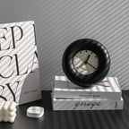 Vintage iron desk clock by Cavira, 18x18cm retro industrial style in white and black, battery-powered for bedroom, living room, or study.