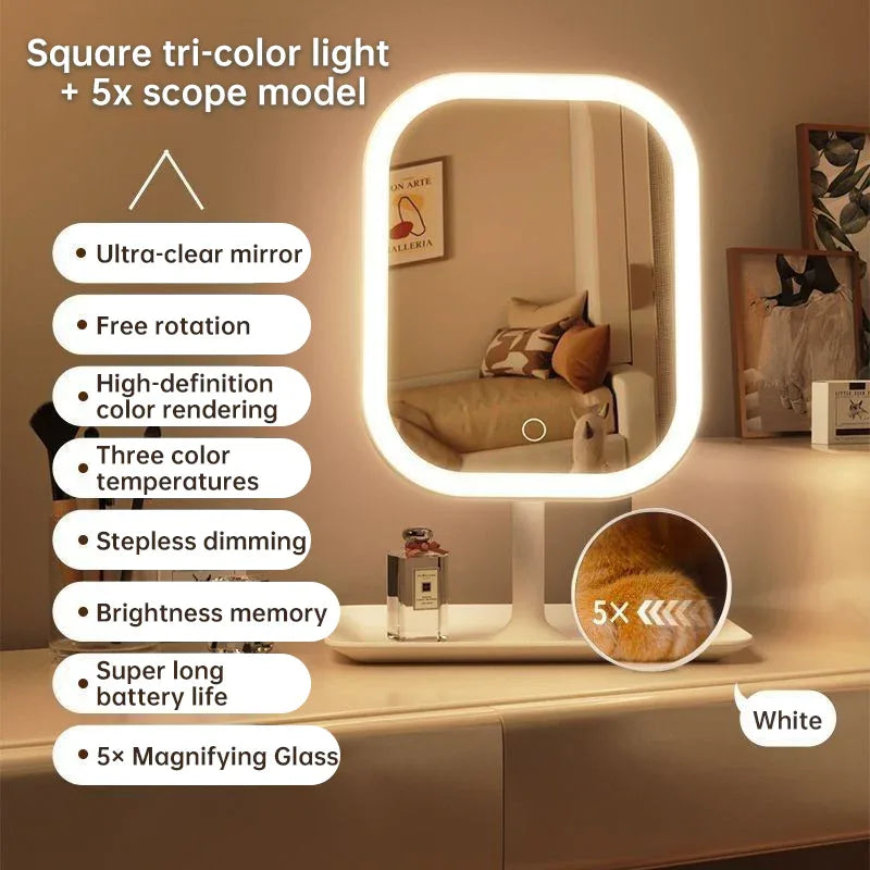 Rotating LED Makeup Mirror with Adjustable Lighting – Vanity Beauty Mirror with Stand White