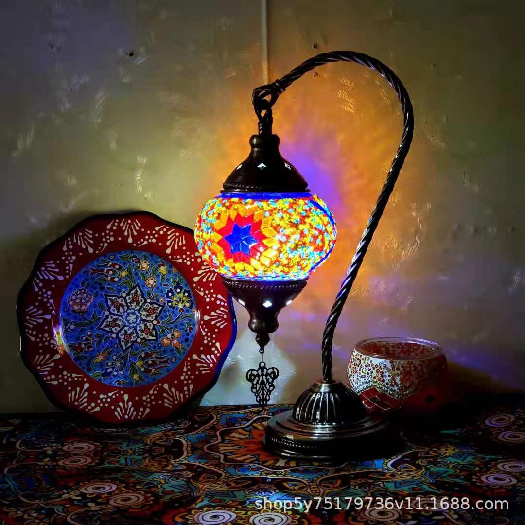 Moroccan mosaic glass table lamp by Cavira with stained glass and bronze iron, featuring 16 designs, 22cm x 38cm bedside decor.