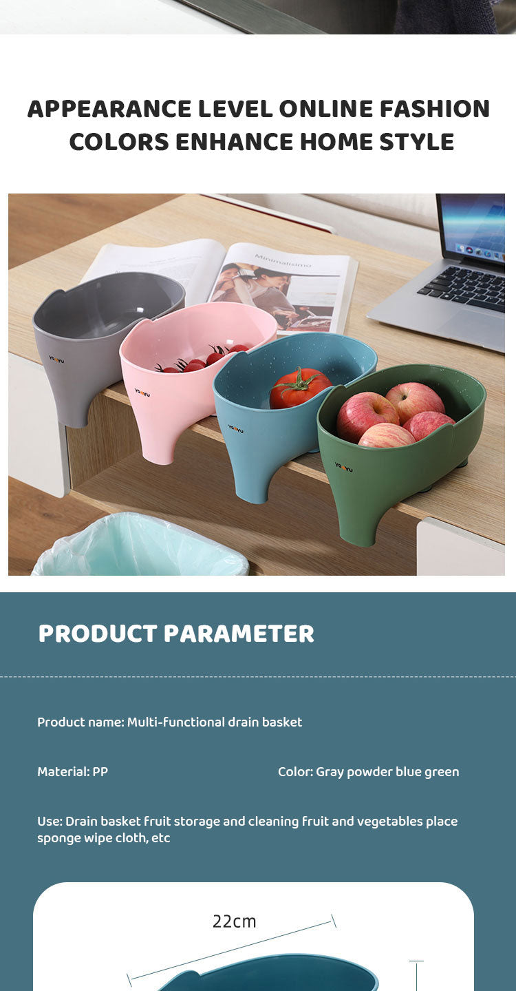 Cavira elephant-shaped drain basket in four colors, versatile kitchen colander for fruits, vegetables, and storage.