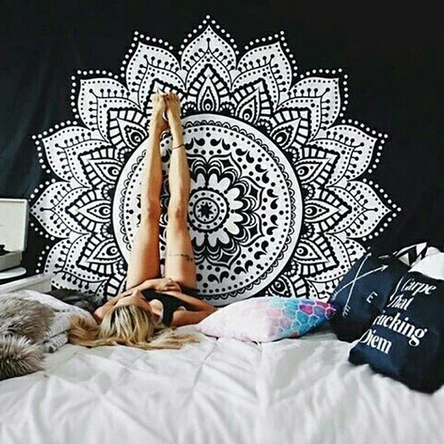 Cavira Mandala Boho tapestry wall hanging with psychedelic beach design, ideal for bedroom, living room, or outdoor decor.