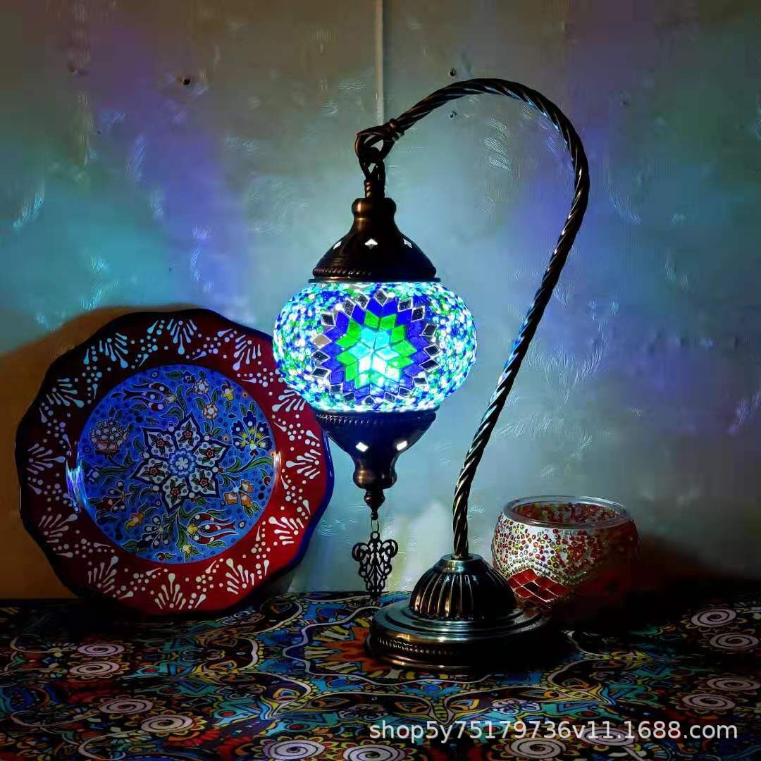 Moroccan mosaic glass table lamp by Cavira with stained glass and bronze iron, 22cm x 38cm, featuring 16 decorative designs.