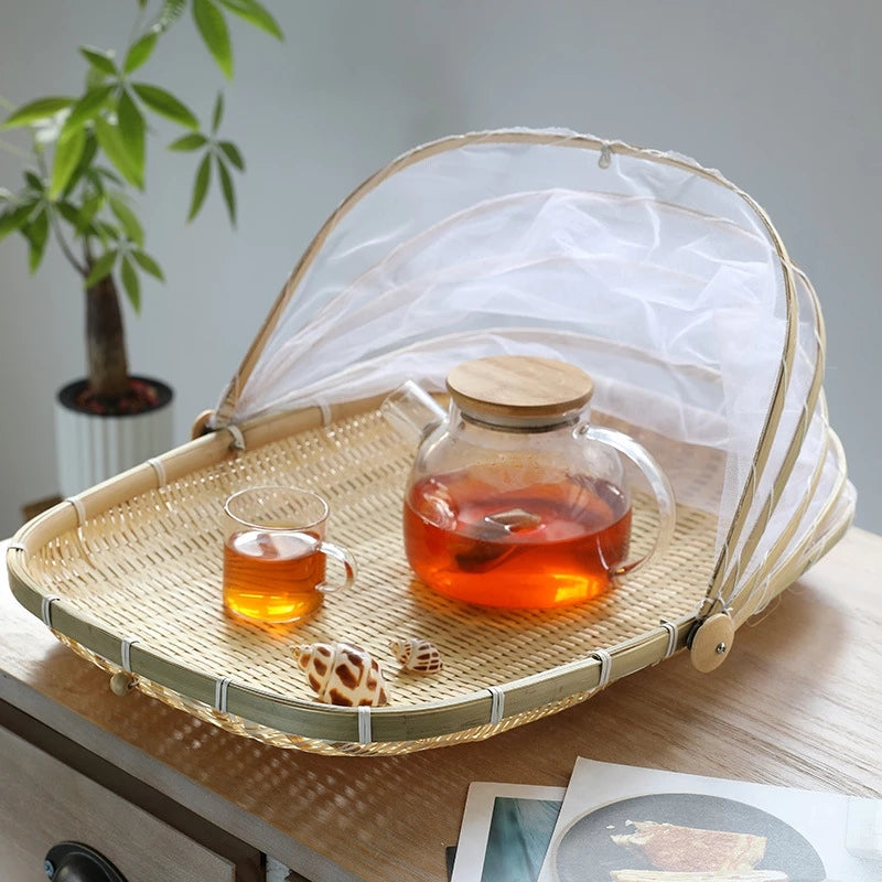 Handmade bamboo basket by Cavira, natural woven tray for bread, fruit, or serving on kitchen, dining table, or home decor.