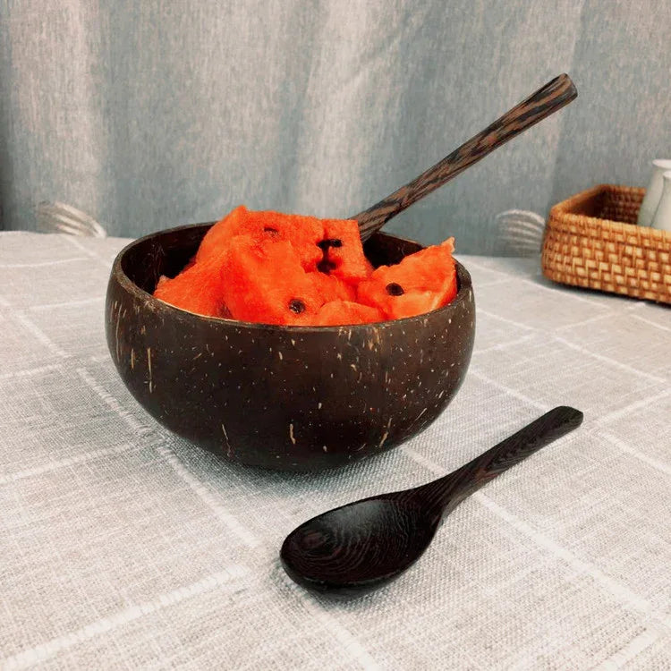 Handcrafted coconut shell bowl with wooden utensils, eco-friendly natural bowl for breakfast, smoothies, or salads by eprolo