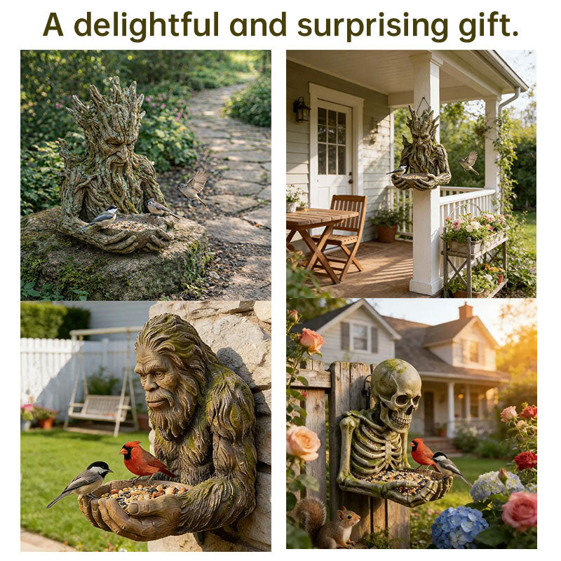 Weather-resistant Bigfoot Sasquatch bird feeder by Cavira, featuring detailed resin wildlife garden ornament for outdoor patios and yards.