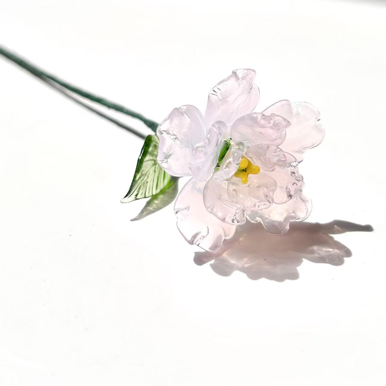 Glass Birth Flower Sculpture with Iron Wire Stem – Handmade Monthly Floral Home Décor January Peony Flower