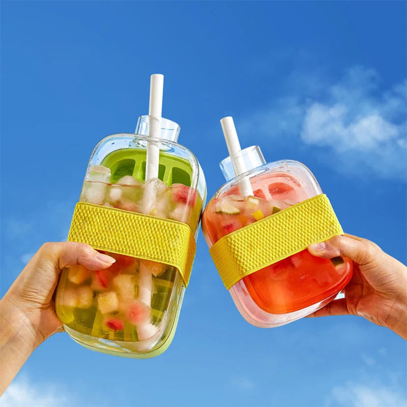 Cavira 2-in-1 ice cube maker bottle with lid and straw, portable press ice tray kettle for home, office, and travel use