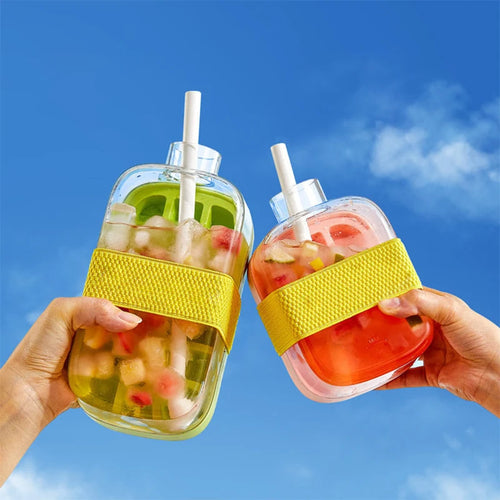 Cavira 2-in-1 ice cube maker bottle with lid and straw, portable press ice tray kettle for home, office, and travel use