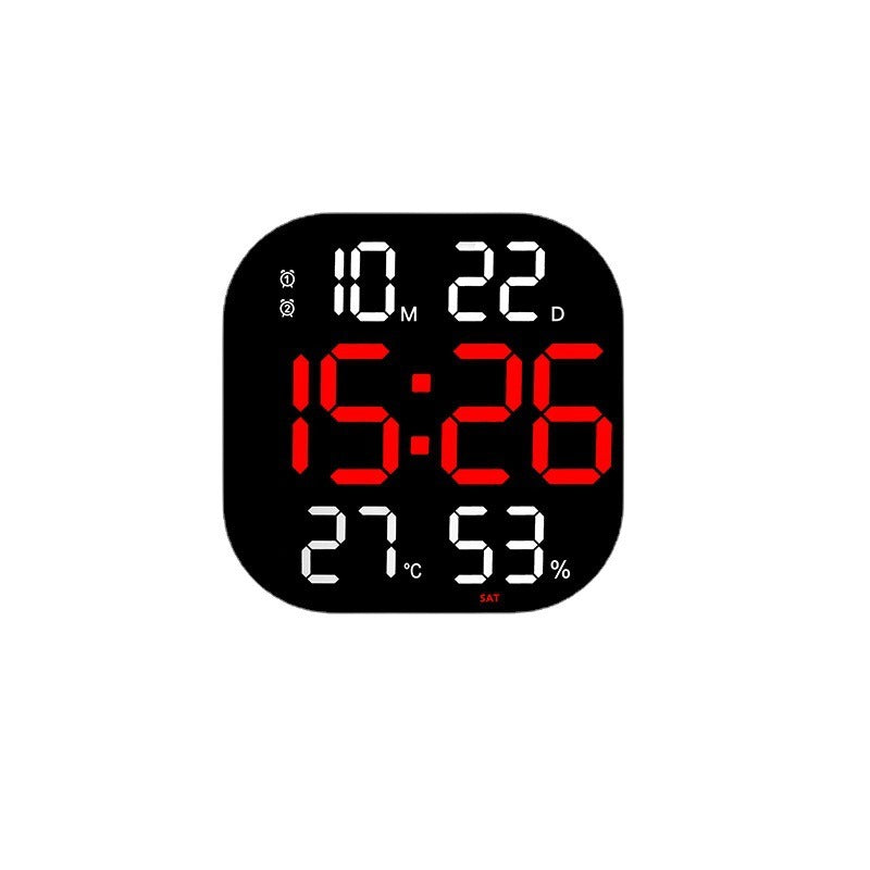 Cavira LED acrylic smart wall clock with digital display, thermometer, alarm, countdown, and night light in a modern living room setting