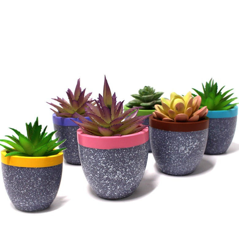 Set of six Cavira minimalist square resin succulent pots featuring small geometric designs for cacti, succulents, and desktop plants.