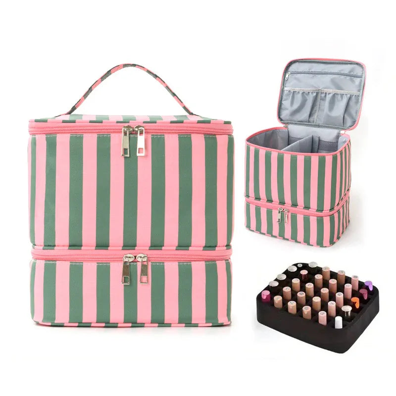 eprolo 30-compartment nail polish organizer bag with double layers for manicure supplies and essential oils storage.