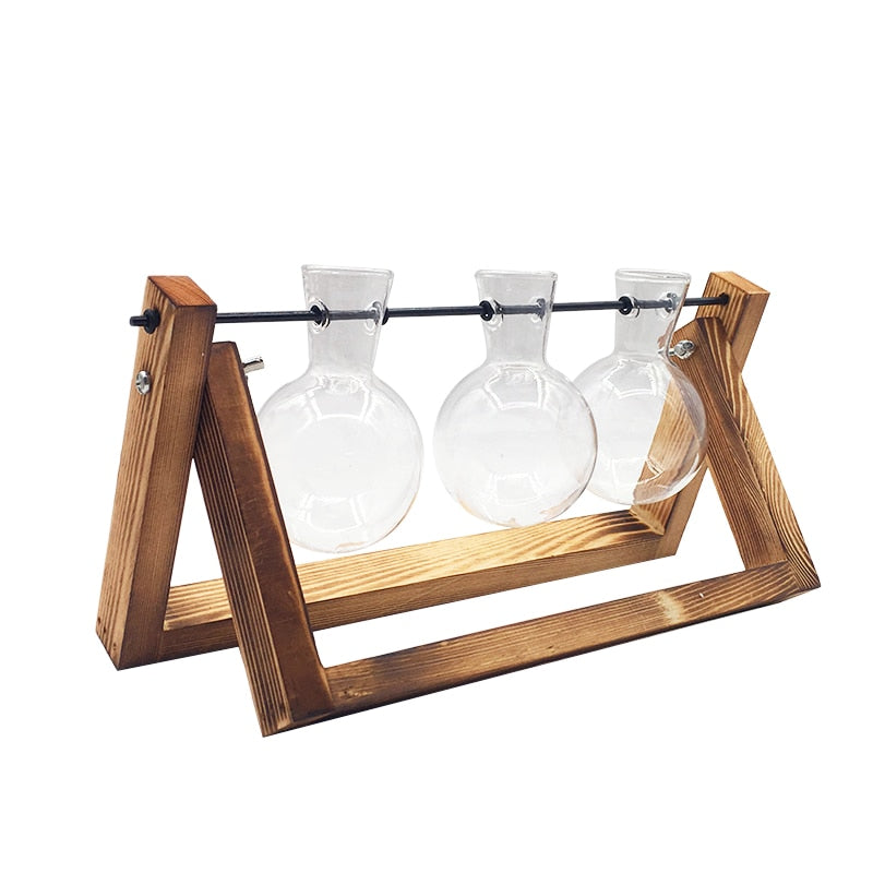 Glass terrarium tabletop vase with wooden frame, hydroponic plant display for home decor and tabletop bonsai or flower arrangements.