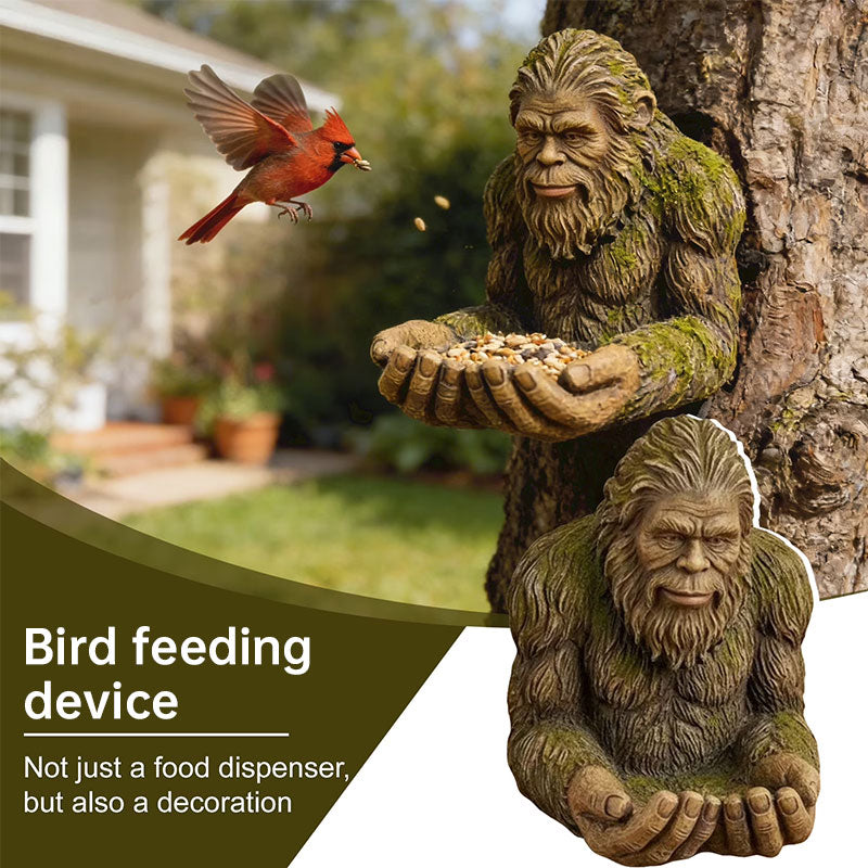Resin Bigfoot Sasquatch bird feeder ornament for garden, weather-resistant outdoor wildlife décor, with three design options.
