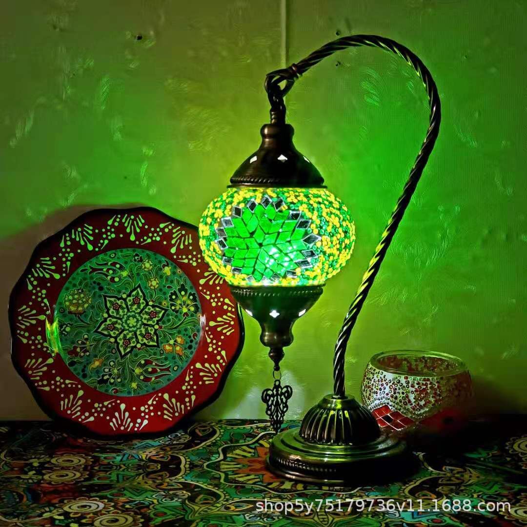 Moroccan mosaic glass table lamp by Cavira with stained glass and bronze iron, featuring intricate designs and E27 fitting.