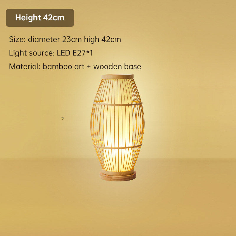 Bamboo woven LED desk lamp by Cavira, Japanese Zen and Southeast Asian style, dimmable with remote, warm and tricolor lighting.