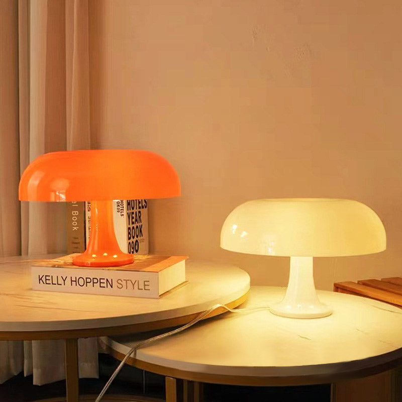 Danish Mushroom Table Lamp by eprolo with acrylic shade in orange and white, USB port, modern minimalist design for bedroom or desk.