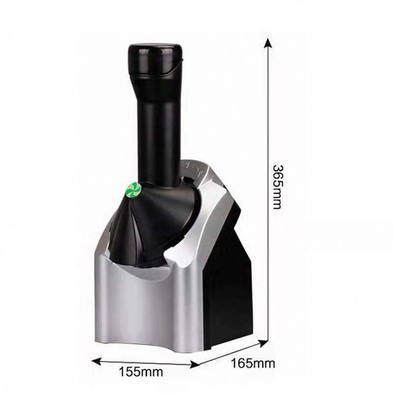 Cavira electric fruit ice cream maker in silver, showing the compact machine with fruit ingredients for healthy sorbet and frozen yogurt.