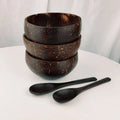 Handcrafted coconut shell bowl with wooden utensils, eco-friendly natural bowl for breakfast, smoothies, and salads