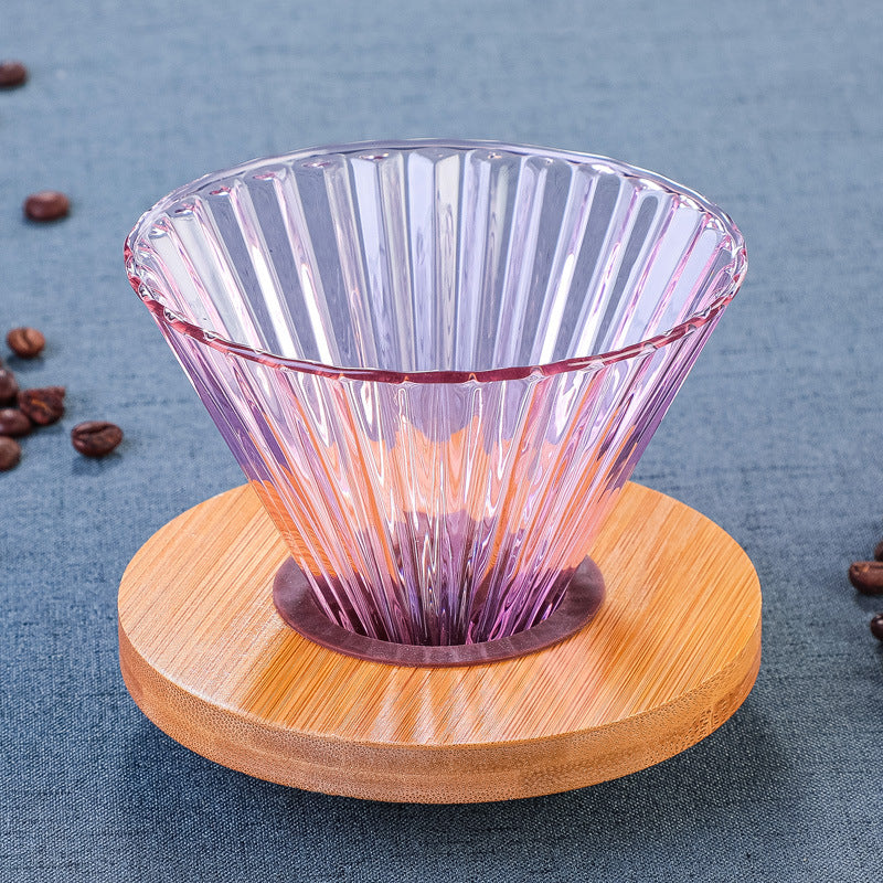 Colorful glass pour-over coffee dripper with wooden tray and cloud pot, minimalist Japanese coffee accessory by Cavira.