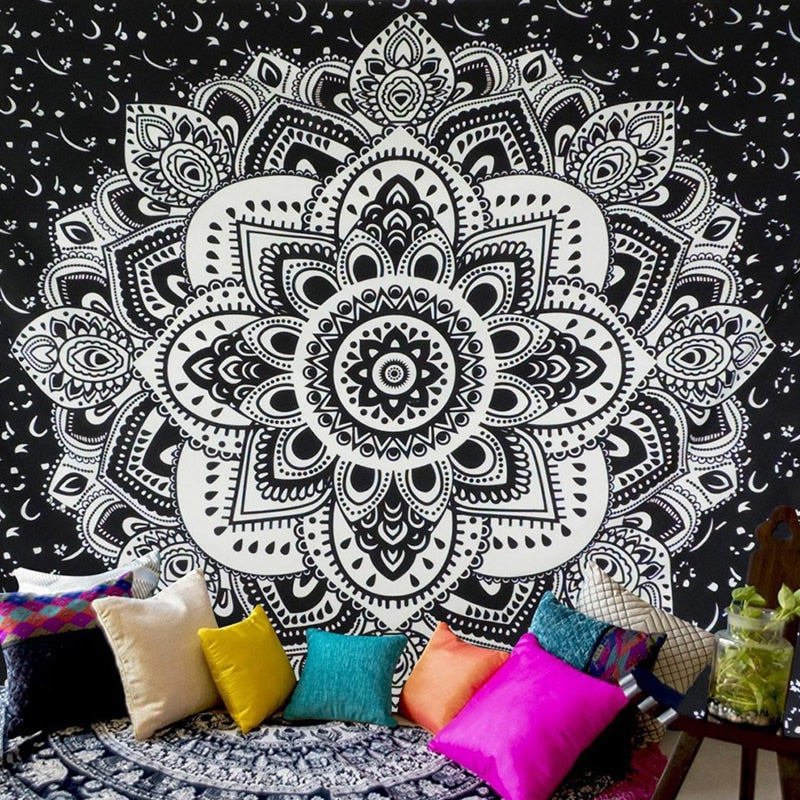 Cavira bohemian mandala floral wall hanging tapestry in vibrant colors, square polyester wall decor for bedroom or living room.