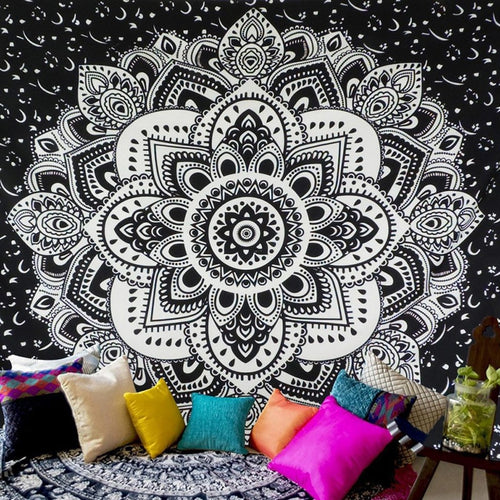 Cavira bohemian mandala floral wall hanging tapestry in vibrant colors, square polyester wall decor for bedroom or living room.
