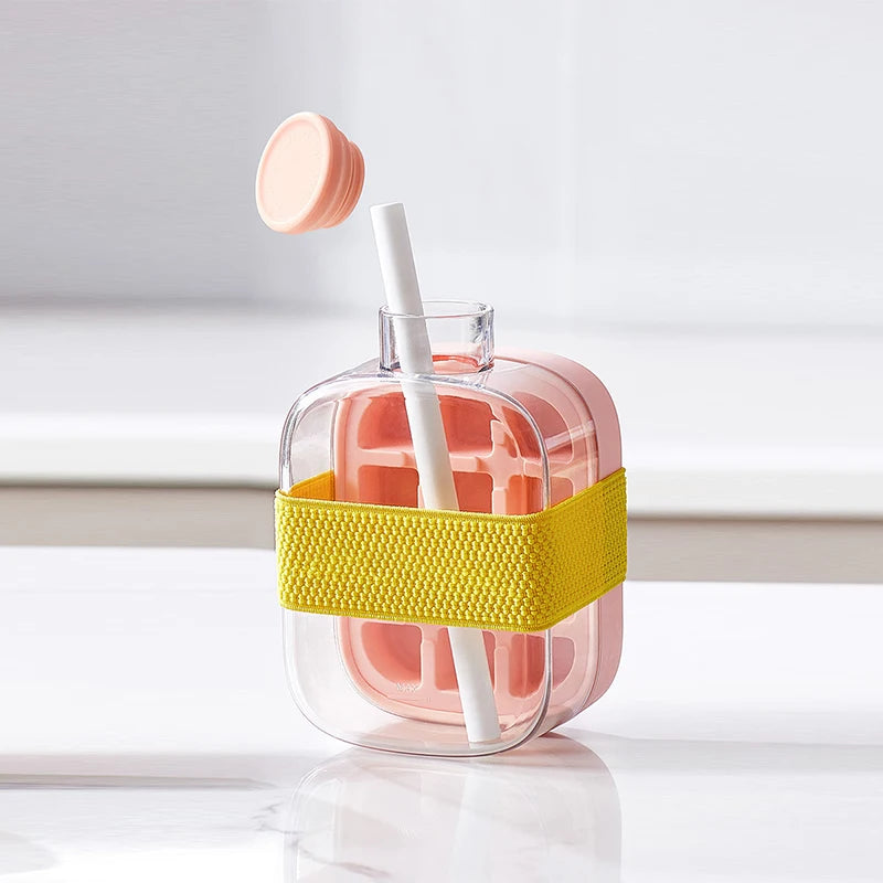 Cavira 2-in-1 ice cube maker bottle with lid and straw, portable press ice tray kettle for home, office, and travel use