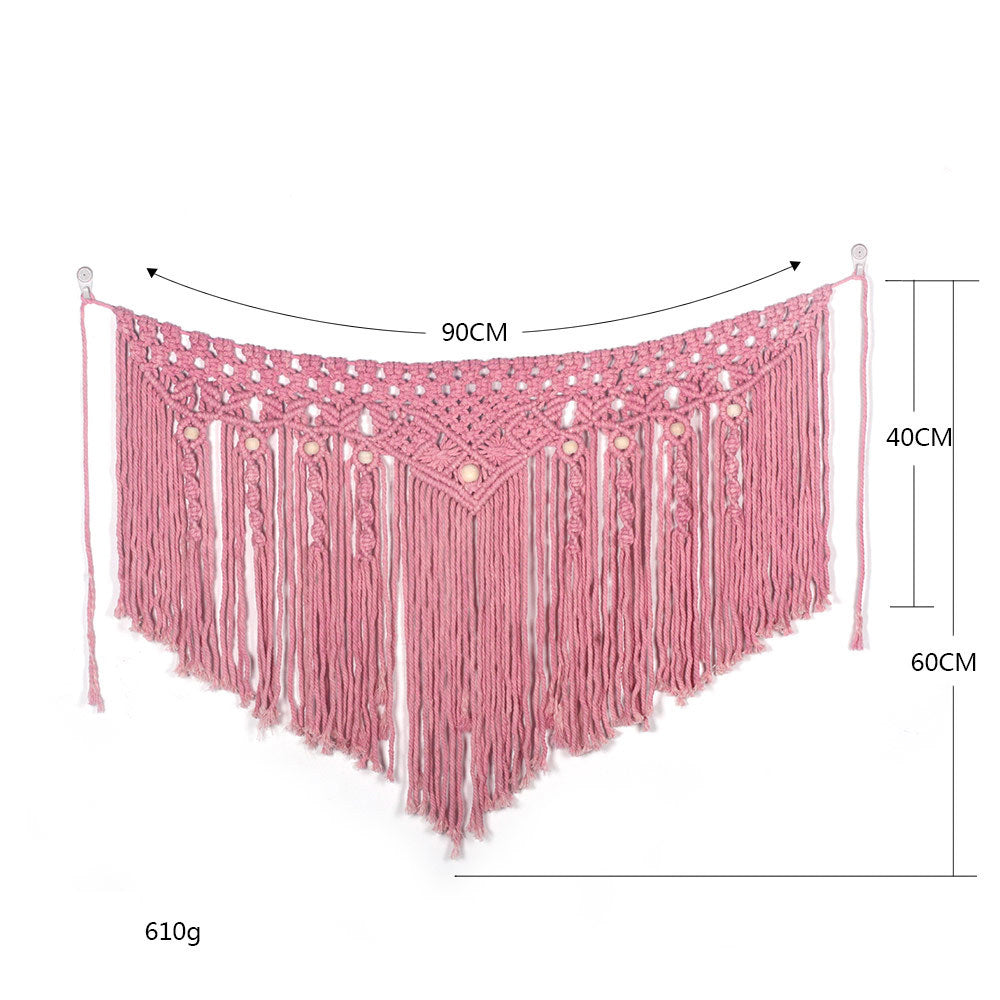 Pink bohemian cotton woven wall tapestry by Cavira, featuring a hanging basket weave design for bedroom, sofa, or wedding decor.