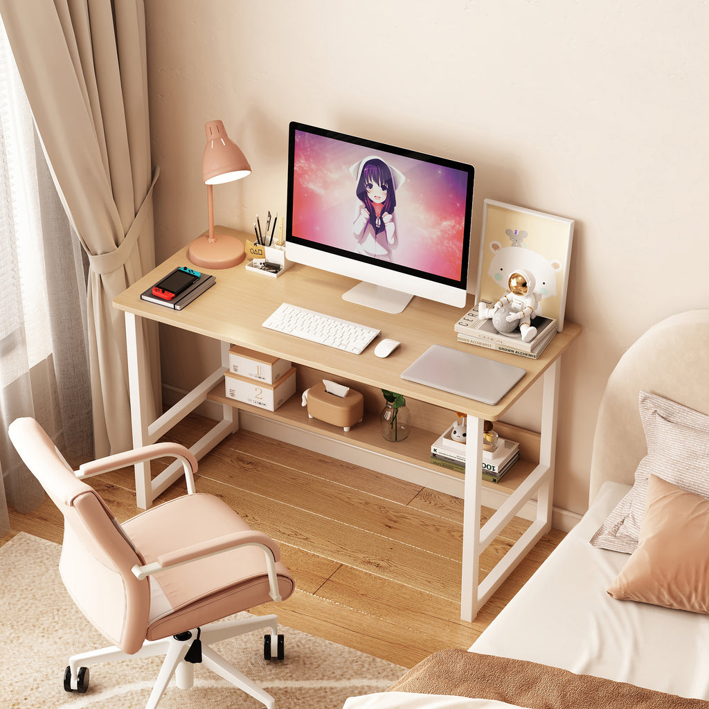 Eprolo wooden computer desk with storage rack, simple bedroom or student home desk for desktop workspace.