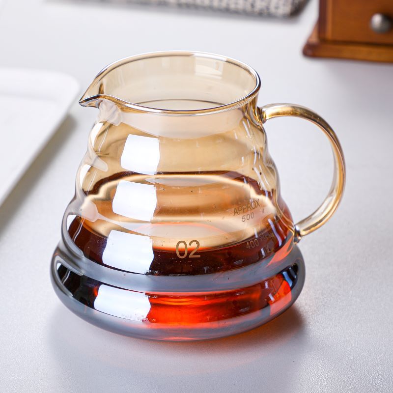 Coloured glass pour-over coffee dripper and cloud pot set with wooden tray, minimalist Japanese coffee accessory by Cavira.