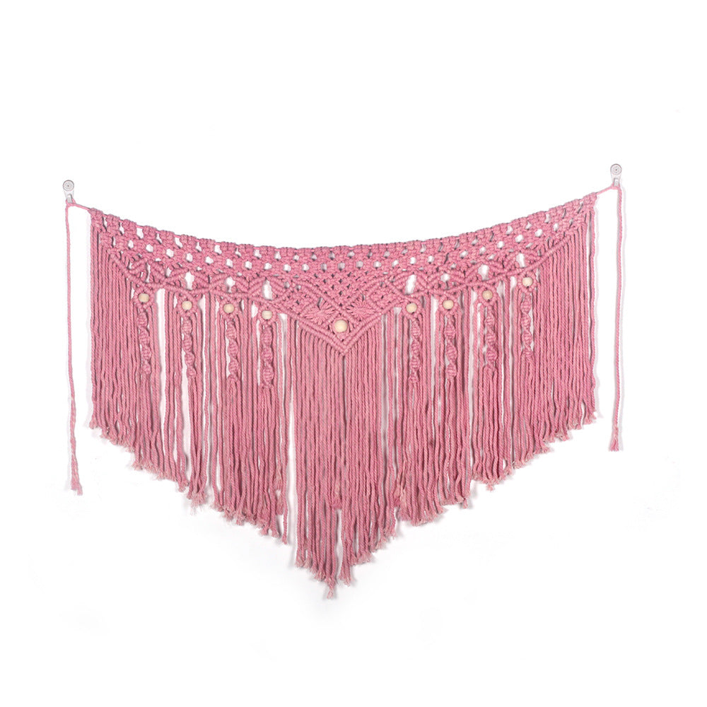 Pink bohemian cotton woven wall tapestry by Cavira featuring basket weave design, ideal for bedroom decor, sofa background, or wedding decoration.