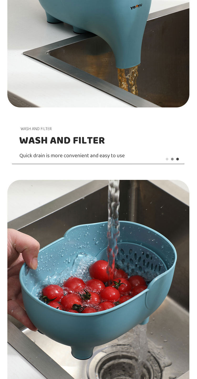 Cavira elephant-shaped drain basket in vibrant colors, versatile kitchen storage and fruit/vegetable colander with elephant design.