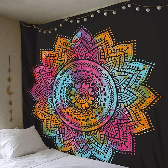 Bohemian mandala floral wall hanging tapestry by Cavira, square polyester wall decor for bedroom or living room in tribal style.