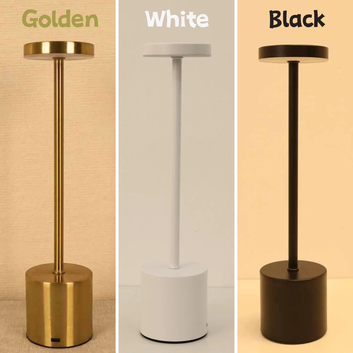 Minimalist Cavira iron desk lamp with touch dimmer, 3-color LED, cordless rechargeable design in white, black, or gold.
