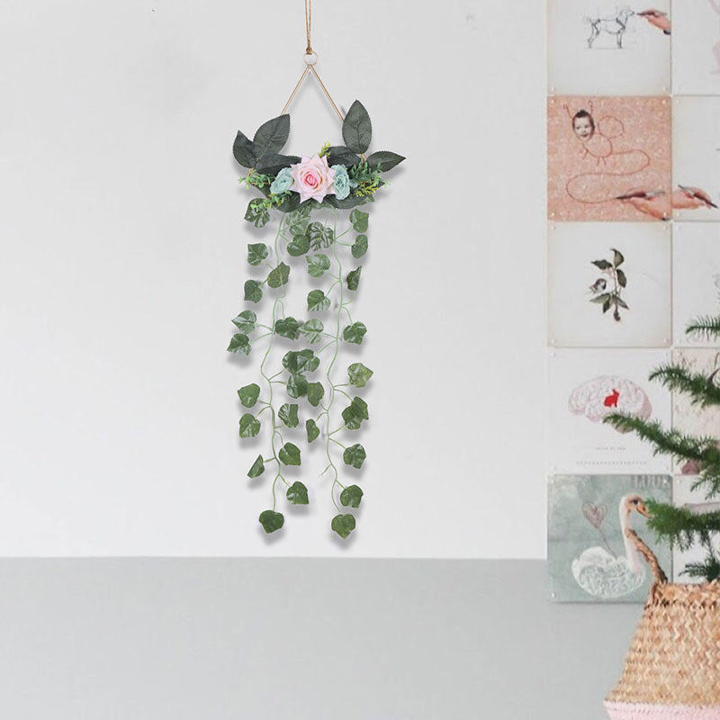 Faux green vine wall hanging decoration with iron ring, boho style for living room, bedroom, or study décor, no maintenance.