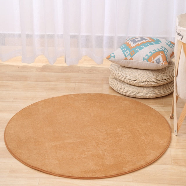 Cavira round area rug with non-slip base in soft memory foam feel, available in 8 colors and 5 sizes for bedroom or living room.