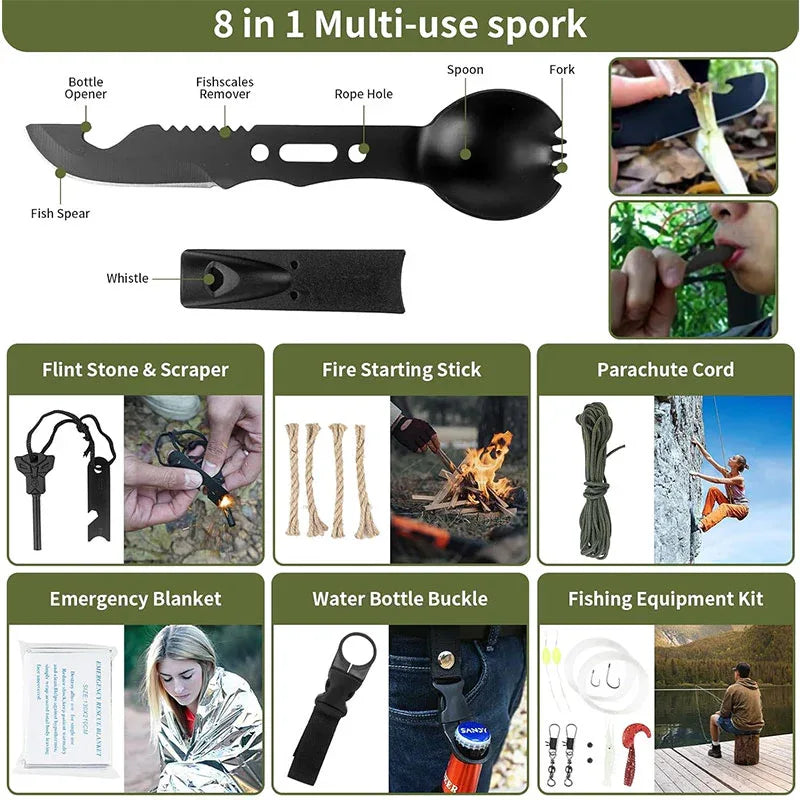 Eprolo 27-piece emergency survival kit with first aid supplies and tactical gear for camping, hiking, and outdoor adventures