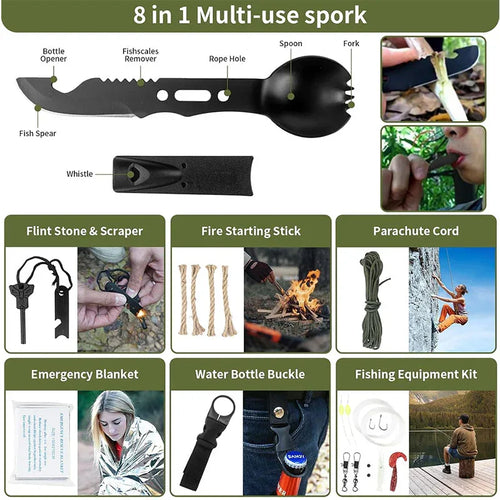 Eprolo 27-piece emergency survival kit with first aid supplies and tactical gear for camping, hiking, and outdoor adventures