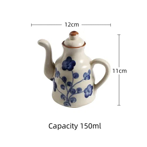 Cavira ceramic oil and vinegar dispenser bottle with auto-open lid, 150ml, blue and white, for soy sauce, oil, and condiments in kitchen
