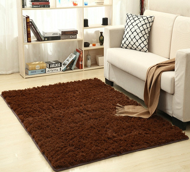 Cavira super soft shag area rug with silky polyester fibers, ideal for living rooms, bedrooms, or nurseries, showing plush texture.