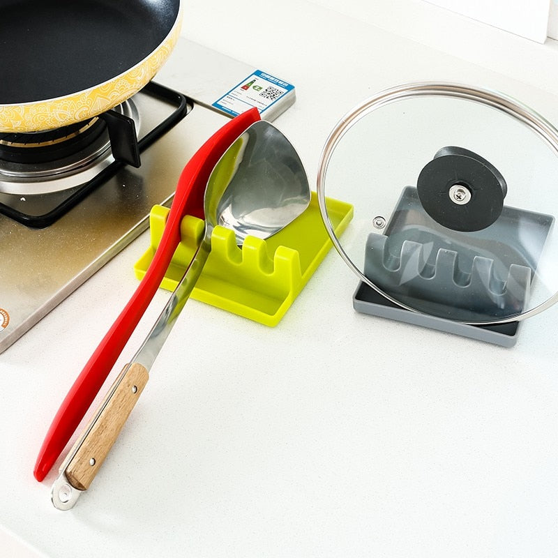 Eprolo Spoon Pot Lid Shelf mounted on wall, holding pot lids and kitchen utensils for organized cooking storage