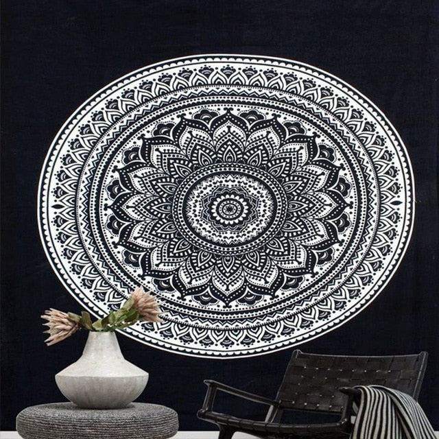 Colorful bohemian mandala floral tapestry by Cavira, square wall hanging for bedroom, living room, and boho home decor.