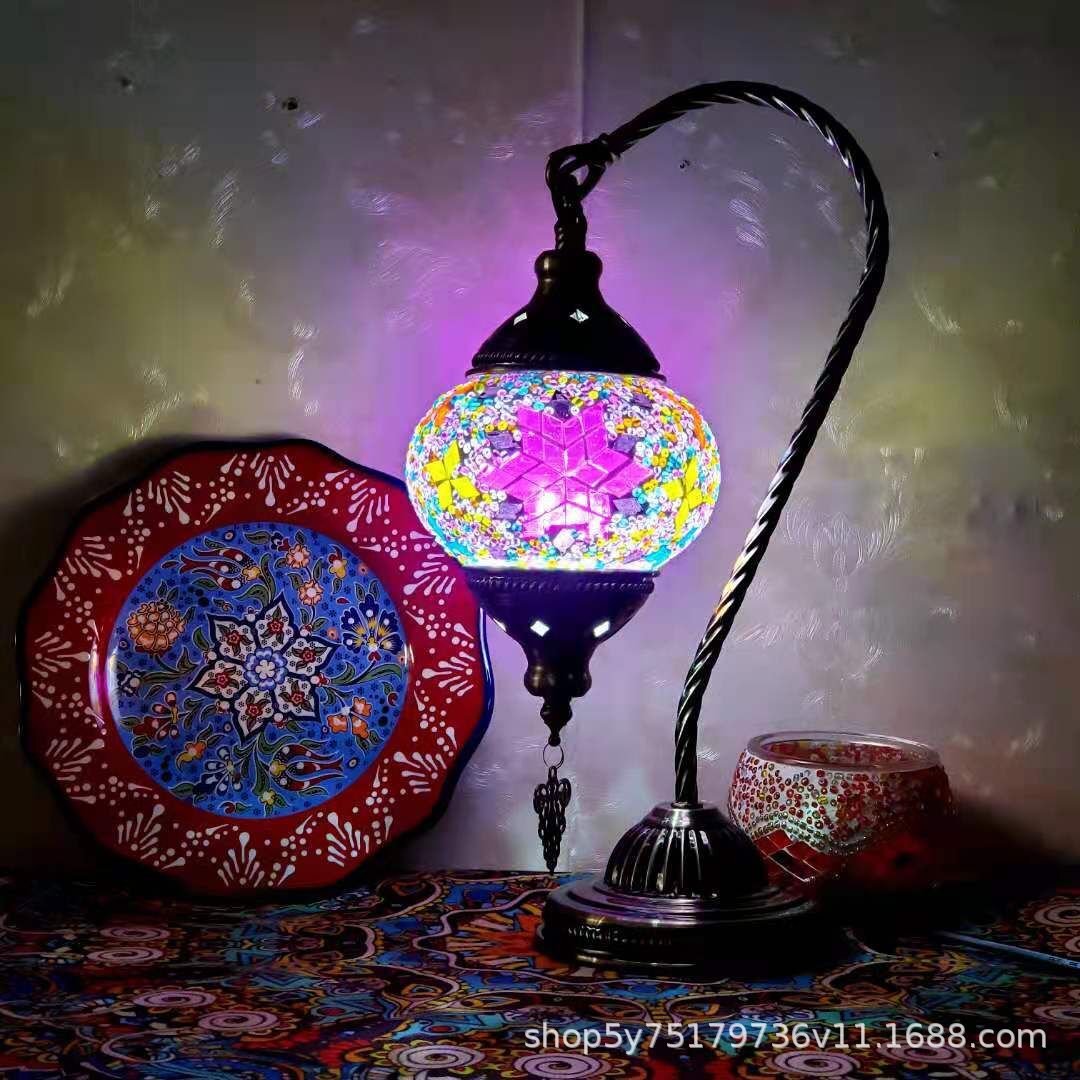 Moroccan Mosaic Glass Table Lamp by Cavira featuring handcrafted stained glass, bronze iron base, and intricate design, 22cm tall.