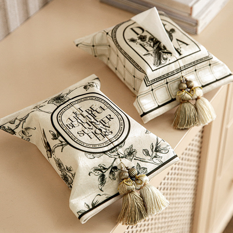 Decorative plush tissue box cover by eprolo in short plush, fits 140×195mm tissue packs, with two design options for living or dining rooms.