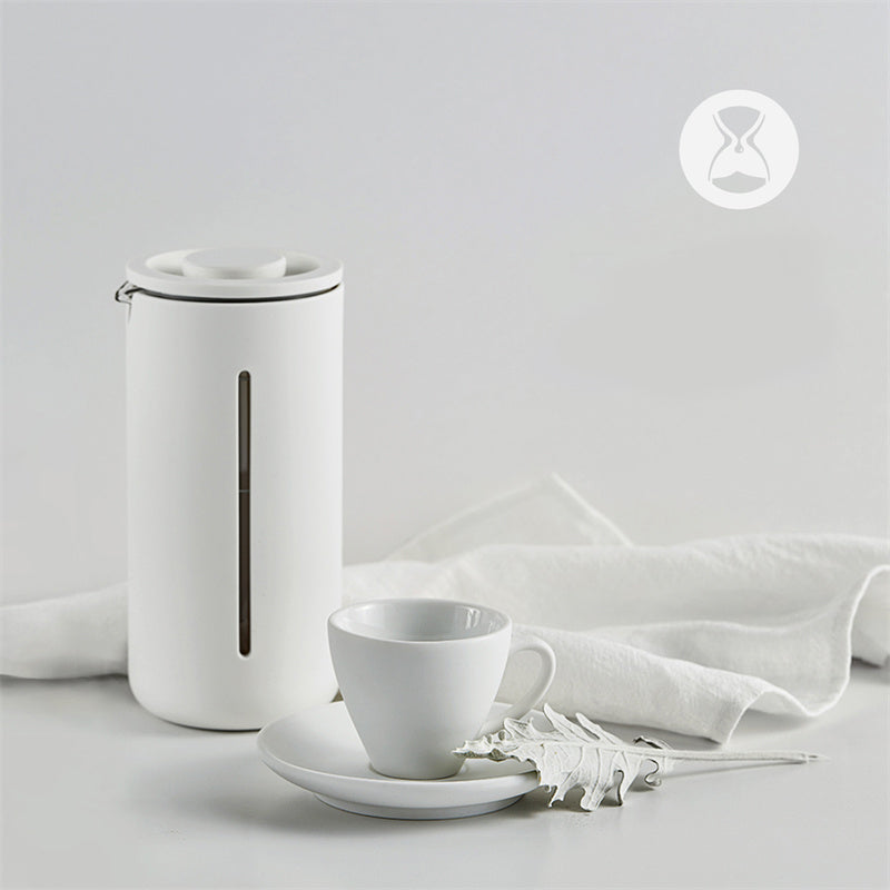 Portable Borosilicate glass French press with white and black frame, ideal for coffee and tea at home, office, or travel.