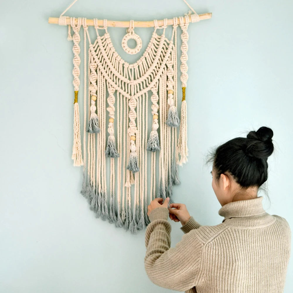 Large handmade Cavira macramé dream catcher wall hanging with woven details, ideal for bedroom decor above bed or neutral wall accents.