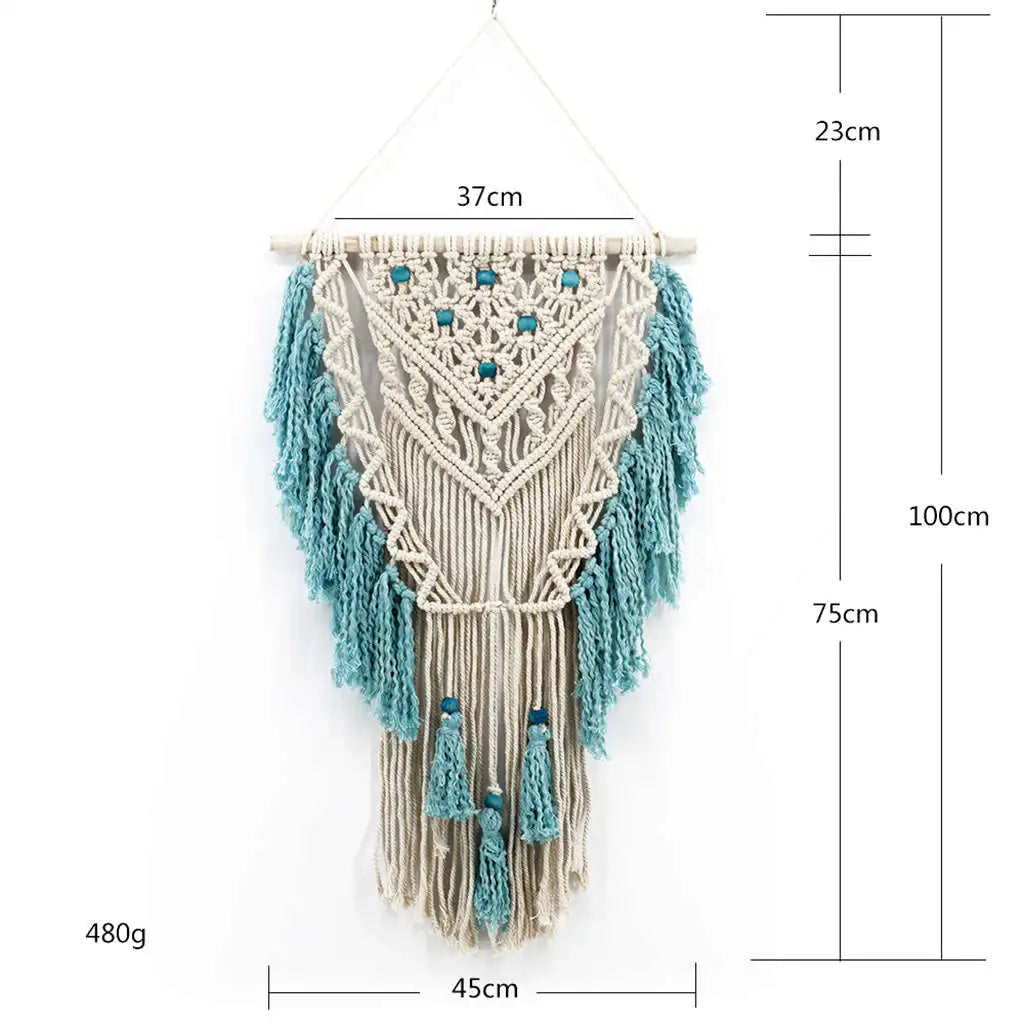 Blue bohemian hand-knotted macramé wall tapestry with cotton tassels and wooden stick for home or wedding decor.