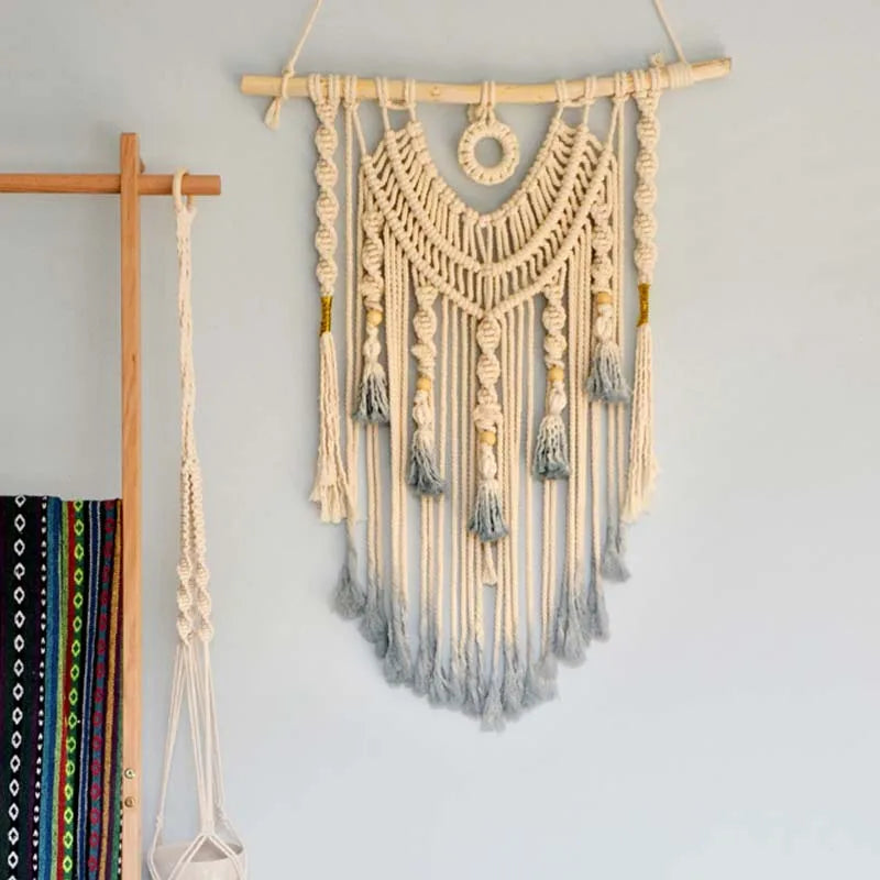 Large handmade Cavira macramé dream catcher wall hanging with woven details, perfect for bedroom or neutral boho wall decor.