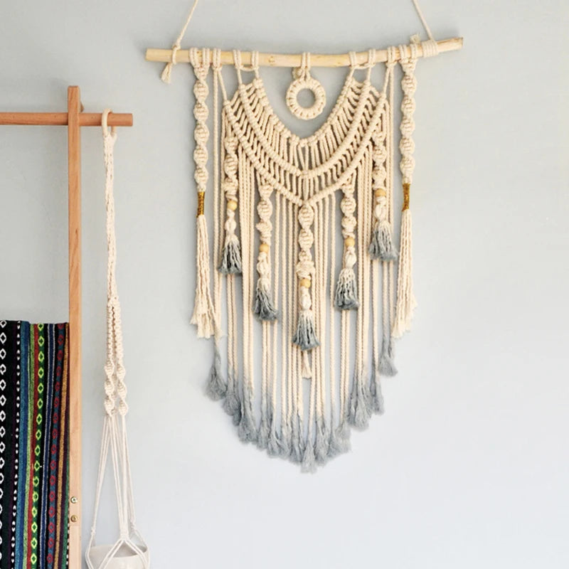 Large handmade Macramé dream catcher wall hanging by Cavira, woven boho tapestry for bedroom or neutral wall decor.