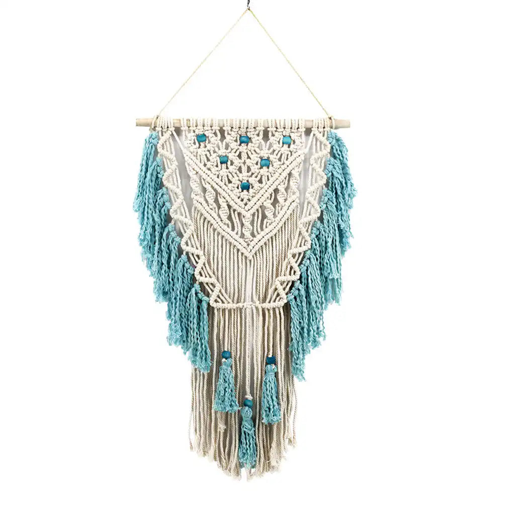 Blue bohemian hand-knotted macramé wall tapestry with cotton tassels and wooden stick for home or wedding decor.
